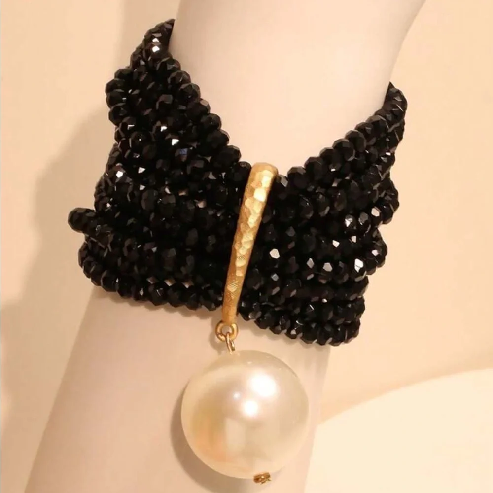 Statement Multi-Layer Black Crystal Beaded Exaggerated Pearl Accent Bracelet - Picture 6 of 10